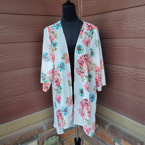 White Coral Blue Green Floral Open Front Kimono Women's Size Medium NWOT - Picture 7 of 13